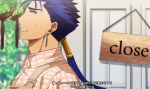  1boy akujiki59 alternate_costume blue_hair collared_shirt contemporary cu_chulainn_(fate) cu_chulainn_(fate/stay_night) ear_piercing fate/stay_night fate_(series) from_side long_hair male_focus official_style piercing ponytail shirt solo spiked_hair subtitled translation_request 