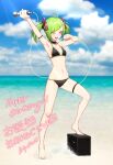  1girl ;d absurdres ahoge arm_strap armpits arms_up artpatient bare_shoulders barefoot beach bikini black_bikini black_choker blurry breasts choker cloud day delutaya depth_of_field green_hair hair_ornament halterneck happy_birthday highres holding indie_virtual_youtuber long_hair looking_at_viewer medium_breasts microphone navel one_eye_closed open_mouth outdoors red_eyes smile solo stomach string_bikini swimsuit thigh_strap thighs twintails virtual_youtuber 