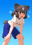  1girl alternate_costume animal_ears bagua_zhang bear_ears bear_girl bear_tail blue_shorts brown_bear_(kemono_friends) brown_eyes brown_hair commentary_request extra_ears eyebrows_visible_through_hair gym_uniform hands_on_own_knees kemono_friends multicolored_hair open_mouth shirt short_hair short_sleeves shorts solo sweat sweatdrop t-shirt tail two-tone_hair white_hair white_shirt 