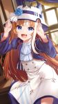  2girls akikawa_yayoi_(umamusume) blue_eyes cat closed_eyes curtains dancing hat hayakawa_tazuna highres long_hair looking_at_viewer merxkialis multiple_girls open_mouth orange_hair peeking_out pose solo_focus table uma_pyoi_densetsu umamusume when_you_see_it window 