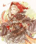  1girl ^_^ bangs belt blonde_hair blunt_bangs claws closed_eyes collared_shirt corset dress excited eyebrows_visible_through_hair hair_ribbon hood hood_up long_hair long_sleeves open_mouth petticoat red_riding_hood_(sinoalice) ribbon shirt sidelocks simple_background sino_nb3 sinoalice sketch solo 