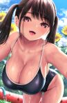  1girl :d bangs bare_shoulders bent_over black_hair blue_swimsuit blurry blurry_background blush breasts cleavage cloud commentary_request competition_school_swimsuit cowboy_shot day dripping eyebrows_visible_through_hair field flower flower_field hanging_breasts hose kase_daiki large_breasts long_hair mole mole_on_breast mole_under_eye one-piece_swimsuit open_mouth original outdoors purple_eyes school_swimsuit sidelocks smile solo sunflower swimsuit twintails upper_teeth water wet yellow_flower 