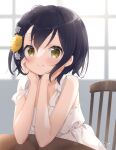  1girl bangs bare_arms bare_shoulders black_hair blurry blurry_background brown_eyes chair closed_mouth commentary dated depth_of_field dress eyebrows_visible_through_hair flower gochuumon_wa_usagi_desu_ka? hair_between_eyes hair_flower hair_ornament hands_up indoors jouga_maya neki_(wakiko) signature sleeveless sleeveless_dress smile solo table white_dress white_flower window yellow_eyes yellow_flower 