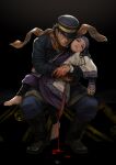  1boy 1girl ainu_clothes asirpa barefoot black_background black_footwear black_hair black_headwear black_jacket black_pants blood blood_on_hands blood_on_weapon blue_eyes blue_pants golden_kamuy half-closed_eyes hat hat_over_one_eye holding holding_sword holding_weapon jacket long_hair mitsuya pants plaid plaid_scarf purple_headband scarf short_hair sugimoto_saichi sword weapon yellow_scarf 