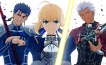  1girl 2boys akujiki59 archer_(fate) armor artoria_pendragon_(fate) backlighting blue_hair breastplate cu_chulainn_(fate) cu_chulainn_(fate/stay_night) dark-skinned_male dark_skin ear_piercing fate/stay_night fate_(series) head_tilt holding holding_polearm holding_spear holding_sword holding_weapon looking_at_viewer multiple_boys official_style piercing polearm ponytail red_eyes saber short_hair smile spear spiked_hair sword toned toned_male upper_body weapon white_hair wind 