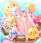  3girls :d afloat alternate_costume ass azur_lane bangs bare_back bikini blonde_hair blue_bikini blue_eyes blunt_bangs breasts cleavage commentary_request double_bun eyebrows_visible_through_hair hair_between_eyes le_malin_(azur_lane) le_malin_(wednesday&#039;s_retreat)_(azur_lane) le_terrible_(azur_lane) le_triomphant_(azur_lane) lifebuoy long_hair looking_at_viewer lying manjuu_(azur_lane) midriff multiple_girls ocean official_alternate_costume open_mouth sidelocks smile swimsuit two_side_up ui._(aqua_pot) white_hair 