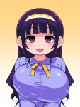  1girl :d bangs blunt_bangs blush breast_squeeze breasts bursting_breasts eyebrows_visible_through_hair gradient gradient_background hairband highres huge_breasts long_hair long_sleeves looking_at_viewer neck_ribbon open_mouth original purple_eyes purple_hair purple_shirt ribbon ringed_eyes shirt smile solo unaligned_breasts upper_body yellow_background yellow_neckwear yellow_ribbon zankuro 