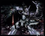  av-98_ingram black_border border clenched_hand damaged dated fighting highres kidou_keisatsu_patlabor mecha night night_sky no_humans ohtagaki_yasuo open_hand radio_antenna science_fiction sky skyline solo_focus type_j-9_griffon 