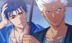  2boys akujiki59 alternate_costume archer_(fate) blue_hair casual cu_chulainn_(fate) cu_chulainn_(fate/stay_night) dark-skinned_male dark_skin ear_piercing face fate/stay_night fate_(series) hand_in_hair holding holding_umbrella looking_away male_focus multiple_boys official_style piercing ponytail red_eyes short_hair smile spiked_hair umbrella upper_body wet wet_hair white_hair 