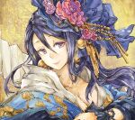  1girl blue_hair breasts cleavage closed_mouth earrings flower hair_flower hair_ornament headdress japanese_clothes jewelry kaguya_(sinoalice) kimono large_breasts lipstick long_hair looking_at_viewer makeup purple_eyes rose sidelocks sino_nb3 sinoalice smile solo 
