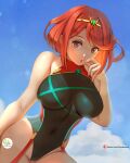  1girl bangs blue_sky breasts cleavage cloud cloudy_sky crown didi_esmeralda hair_between_eyes highres looking_at_viewer one-piece_swimsuit painttool_sai_(medium) pinup_(style) pouty_lips pyra_(pro_swimmer)_(xenoblade) pyra_(xenoblade) red_eyes red_hair short_hair sky solo swimsuit xenoblade_chronicles_(series) xenoblade_chronicles_2 