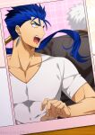  2boys akujiki59 archer_(fate) black_shirt blue_hair casual cu_chulainn_(fate) cu_chulainn_(fate/stay_night) dark-skinned_male dark_skin fate/stay_night fate_(series) looking_at_another male_cleavage male_focus multiple_boys official_style pectorals ponytail red_eyes running shirt short_hair spiked_hair toned toned_male v-neck white_hair white_shirt 
