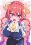  1girl apron bangs between_breasts blue_apron blunt_bangs breasts cleavage commentary_request dragon_girl dragon_horns eyebrows_visible_through_hair food food_between_breasts horns huge_breasts ilulu_(maidragon) kobayashi-san_chi_no_maidragon looking_at_viewer low_twintails pointy_ears red_eyes red_hair sasorigatame shirt short_sleeves slit_pupils solo twintails white_shirt 