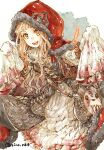  1girl ascot bag blonde_hair blood blood_on_clothes cloak dress eyebrows_visible_through_hair fur_trim hair_ribbon handbag happy hood hood_up long_sleeves looking_at_viewer open_mouth orange_eyes red_riding_hood_(sinoalice) ribbon signature sino_nb3 sinoalice solo stuffed_animal stuffed_toy teddy_bear wavy_hair 