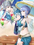  1boy 1girl :d alternate_costume aplche ashe_ubert bare_shoulders beach bench bikini blue_bikini blue_hair blue_hoodie blue_sarong blue_swimsuit braid breasts choker cleavage collarbone commentary_request crown_braid cup drinking_glass fire_emblem fire_emblem:_three_houses fire_emblem_heroes green_eyes grey_eyes grey_hair highres holding holding_cup holding_umbrella hood hood_down hoodie large_breasts looking_at_another looking_at_viewer marianne_von_edmund midriff navel on_bench open_mouth sarong shawl sitting smile swimsuit umbrella 