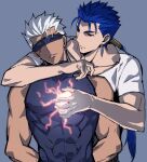  2boys akujiki59 archer_(fate) archer_alter_(fate) bare_shoulders blindfold blue_hair covered_abs covered_navel cu_chulainn_(fate) cu_chulainn_(fate/stay_night) dark-skinned_male dark_skin fate/stay_night fate_(series) male_focus multiple_boys official_style pectorals ponytail red_eyes shirt short_hair sleeveless spiked_hair toned toned_male upper_body white_hair white_shirt 