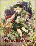  1boy ahoge basket beret blonde_hair bow bowtie chain english_text feathers flower flower_basket green_eyes happy_birthday harp hat holding instrument kneehighs leaf long_sleeves male_focus night night_sky pinocchio_(sinoalice) puffy_long_sleeves puffy_sleeves ribbon rock rose short_hair shorts sino_nb3 sinoalice sitting sky star_(sky) worried 