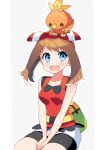  1girl :d absurdres bangs between_legs bike_shorts bike_shorts_under_shorts black_shorts blue_eyes blush bow bow_hairband breasts brown_hair collarbone eyebrows_visible_through_hair gen_3_pokemon grey_background hair_bow hairband hand_between_legs highres long_hair may_(pokemon) medium_breasts on_head open_mouth pillarboxed pokemon pokemon_(creature) pokemon_(game) pokemon_on_head pokemon_oras red_bow red_hairband red_shirt shirt short_shorts shorts sitting sleeveless sleeveless_shirt smile solo striped striped_bow torchic twintails white_shorts yuihico 