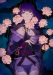  1girl absurdres commentary_request flower genshin_impact highres japanese_clothes kimono looking_at_viewer obi obiage obijime parted_lips purple_eyes purple_hair purple_kimono raiden_(genshin_impact) sash solo wading yagita_(astronomie) 