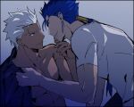  2boys abs akujiki59 archer_(fate) black_shirt blue_hair cu_chulainn_(fate) cu_chulainn_(fate/stay_night) dark-skinned_male dark_skin eye_contact fate/stay_night fate_(series) from_side hand_on_another&#039;s_face imminent_kiss looking_at_another male_focus multiple_boys official_style open_clothes open_shirt pectorals ponytail red_eyes shirt short_hair smile spiked_hair stomach toned toned_male undressing_another white_hair white_shirt yaoi 