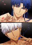  2boys akujiki59 alternate_hairstyle archer_(fate) blue_hair cu_chulainn_(fate) cu_chulainn_(fate/stay_night) dark-skinned_male dark_skin ear_piercing face fate/stay_night fate_(series) head_tilt lipstick_mark looking_at_viewer male_focus messy_hair multiple_boys official_style piercing ponytail red_eyes short_hair smile spiked_hair white_hair 