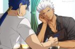  2boys akujiki59 apron archer_(fate) black_apron blue_hair casual chopsticks cu_chulainn_(fate) cu_chulainn_(fate/stay_night) dark-skinned_male dark_skin ear_piercing eating elbow_rest fate/stay_night fate_(series) holding holding_chopsticks male_cleavage male_focus multiple_boys official_style partially_unbuttoned pectorals piercing ponytail red_eyes short_hair smile spiked_hair toned toned_male upper_body white_hair 