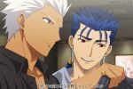  2boys akujiki59 archer_(fate) black_shirt blue_hair cu_chulainn_(fate) cu_chulainn_(fate/stay_night) dark-skinned_male dark_skin face fate/stay_night fate_(series) looking_at_another male_focus multiple_boys official_style ponytail red_eyes shirt short_hair smile spiked_hair sweatdrop upper_body white_hair 