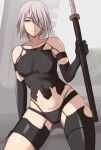  1girl alternate_hairstyle android bangs bare_shoulders black_gloves black_legwear black_panties black_shirt blue_eyes breasts closed_mouth elbow_gloves gloves hair_between_eyes holding holding_sword holding_weapon katana lainart looking_at_viewer mole mole_under_mouth nier_(series) nier_automata outdoors panties sheath sheathed shirt short_hair solo sword torn_clothes torn_legwear underwear weapon white_hair yorha_type_a_no._2 