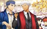  1girl 3boys akujiki59 alternate_costume archer_(fate) black_suit black_vest blue_hair blue_suit candle collared_shirt cu_chulainn_(fate) cu_chulainn_(fate/stay_night) dark-skinned_male dark_skin ear_piercing emiya_shirou eye_contact fate/stay_night fate_(series) formal glaring indoors looking_at_another looking_at_viewer multiple_boys necktie necktie_grab neckwear_grab official_style piercing ponytail red_eyes shirt short_hair spiked_hair tohsaka_rin upper_body vest white_hair 
