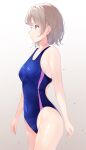  1girl blue_eyes blue_swimsuit breasts commentary_request competition_swimsuit cowboy_shot gradient gradient_background grey_background grey_hair highres love_live! love_live!_sunshine!! medium_breasts one-piece_swimsuit profile short_hair solo standing swimsuit watanabe_you wet wet_clothes wet_swimsuit yuki_hare1130 