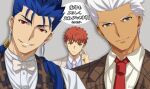  3boys akujiki59 alternate_costume archer_(fate) blue_hair cu_chulainn_(fate) cu_chulainn_(fate/stay_night) dark-skinned_male dark_skin emiya_shirou fate/stay_night fate_(series) formal looking_at_viewer male_focus multiple_boys necktie official_style ponytail red_eyes short_hair smirk spiked_hair suit translation_request upper_body white_hair 