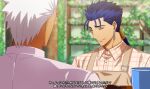  2boys absurdres akujiki59 alternate_costume apron archer_(fate) blue_hair brown_apron collared_shirt contemporary cu_chulainn_(fate) cu_chulainn_(fate/stay_night) dark-skinned_male dark_skin ear_piercing fate/stay_night fate_(series) from_side highres long_hair male_focus multiple_boys official_style piercing ponytail shirt smile spiked_hair subtitled translation_request white_hair 