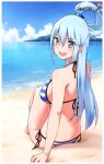  1girl :d aqua_(konosuba) arm_support bangs beach bikini black_ribbon blue_eyes blue_hair blush border breasts day eyebrows_visible_through_hair from_behind hair_between_eyes halterneck island kono_subarashii_sekai_ni_shukufuku_wo! long_hair looking_at_viewer looking_back medium_breasts ocean open_mouth outdoors ribbon shiny shiny_hair shoulder_blades side-tie_bikini sideboob sitting smile solo string_bikini striped striped_bikini summer swimsuit tied_hair very_long_hair wakkuchin20 white_border 