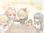  2boys 2girls :d amami_rantarou antenna_hair apron arm_up bangs birthday_cake blue_dress blue_skirt brown_hair cake chibi closed_eyes danganronpa:_trigger_happy_havoc danganronpa_(series) danganronpa_2:_goodbye_despair danganronpa_3_(anime) danganronpa_v3:_killing_harmony dress eyebrows_visible_through_hair fc_(efushii) food from_side gift glasses green_eyes happy_tears hat jacket jewelry long_hair maizono_sayaka multicolored multicolored_background multiple_boys multiple_girls necklace open_mouth party_hat ponytail sailor_collar shirt short_hair skirt smile striped striped_shirt table tears togami_byakuya_(danganronpa_2) v-shaped_eyebrows white_apron white_jacket white_shirt yukizome_chisa 