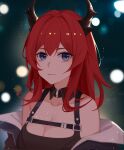  1girl arknights bangs bare_shoulders black_dress chest_strap close-up commentary demon_girl demon_horns detached_collar dress eyebrows_visible_through_hair hair_between_eyes highres horns hymxiaocyan long_hair looking_at_viewer off_shoulder purple_eyes red_hair smile solo surtr_(arknights) 