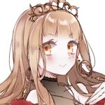  1girl bangs bare_shoulders blonde_hair close-up closed_mouth crown dress earrings hair_between_eyes highres jewelry long_hair looking_at_viewer portrait red_dress red_riding_hood_(sinoalice) rico_tta simple_background sinoalice smile solo v-shaped_eyebrows white_background yellow_eyes 