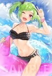  1girl absurdres ahoge armpits bangs black_swimsuit bracelet collarbone cowboy_shot delutaya diagonal_bangs earrings eyebrows_visible_through_hair gold_earrings green_hair green_nails hair_ornament hatsuno_xxx highres indie_virtual_youtuber jewelry navel red_eyes sample sky solo sunlight swimsuit triangle_earrings twintails upper_teeth utaite_(singer) v virtual_youtuber water watermark 