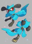  :o absurdres commentary gen_4_pokemon grey_background highres looking_to_the_side multiple_views no_humans nullma outstretched_arms pokemon pokemon_(creature) red_eyes riolu shiny toes 