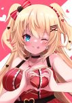  1girl :p absurdres akai_haato blonde_hair blue_eyes blush breasts flower hair_flower hair_ornament heart heart-shaped_boob_challenge heart-shaped_pupils heart_hair_ornament heart_hands heart_necklace highres hololive one_eye_closed shibakame smile symbol-shaped_pupils tongue tongue_out x_hair_ornament 