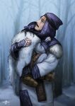  1boy 1girl ainu_clothes asirpa beard carrying facial_hair father_and_daughter forest golden_kamuy hood hood_up long_sleeves looking_up mitsuya mustache nature outdoors profile scar scar_across_eye scar_on_cheek scar_on_face signature wilk_(golden_kamuy) winter 