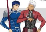  2boys akujiki59 anger_vein archer_(fate) armor blue_bodysuit blue_hair bodysuit cheek_pinching covered_abs cu_chulainn_(fate) cu_chulainn_(fate/stay_night) dark-skinned_male dark_skin fate/stay_night fate_(series) gae_bolg_(fate) holding holding_polearm holding_spear holding_weapon male_focus multiple_boys official_style pauldrons pectorals pinching polearm ponytail red_eyes short_hair shoulder_armor shrug_(clothing) spear spiked_hair teasing toned toned_male upper_body weapon white_hair 