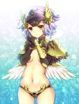  1girl armor bikini_armor black_armor black_gloves breasts brown_eyes character_request closed_mouth elbow_gloves feathered_wings gloves hands_together hands_up headgear heterochromia kuroe_(sugarberry) low_wings navel own_hands_together pauldrons purple_eyes purple_hair shoulder_armor small_breasts solo visor_(armor) white_wings wings wonderland_wars 
