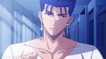  1boy akujiki59 alternate_costume blue_hair casual collared_shirt contemporary cu_chulainn_(fate) cu_chulainn_(fate/stay_night) ear_piercing expressionless fate/stay_night fate_(series) from_side long_hair looking_at_viewer male_focus official_style piercing ponytail shirt solo spiked_hair subtitled translation_request v-neck white_shirt 