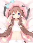  1girl absurdres animal_ear_headwear animal_ears arms_up azur_lane bed bloomers blue_eyes blush bow bow_bloomers brown_hair camisole cardigan chinese_commentary clenched_hands crescent crescent_hair_ornament dakimakura_(medium) dog_ears fumizuki_(azur_lane) fumizuki_(half-asleep_fairy)_(azur_lane) hair_bow hair_ornament hairclip hat hat_bow highres kanon_12361024 long_hair lying navel on_back one_eye_closed pillow pink_headwear ribbon rubbing_eyes sleepwear sleepy solo striped_cardigan underwear upper_body very_long_hair white_bloomers white_camisole 