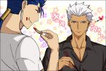  2boys akujiki59 archer_(fate) black_shirt blue_hair casual chopsticks contemporary cu_chulainn_(fate) cu_chulainn_(fate/stay_night) dark-skinned_male dark_skin eating fate/stay_night fate_(series) food french_fries heart looking_at_another male_cleavage male_focus multiple_boys official_style partially_unbuttoned pectorals ponytail red_eyes shirt short_hair spiked_hair toned toned_male translation_request upper_body white_hair 