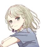  1girl bangs blonde_hair braid briar_rose_(sinoalice) closed_mouth crying crying_with_eyes_open hair_between_eyes hair_ribbon highres hospital_gown looking_at_viewer portrait ribbon rico_tta short_hair short_sleeves simple_background sinoalice solo tearing_up tears white_background yellow_eyes 