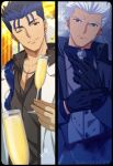  2boys akujiki59 alternate_costume archer_(fate) black_gloves black_shirt blue_hair collared_coat cu_chulainn_(fate) cu_chulainn_(fate/stay_night) cup dark-skinned_male dark_skin earrings fate/stay_night fate_(series) formal frown gloves grey_suit holding holding_cup jewelry looking_at_viewer male_focus multiple_boys necklace necktie official_style one_eye_closed partially_unbuttoned ponytail red_eyes shirt short_hair smile spiked_hair suit white_hair white_suit winter_clothes 