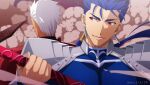  2boys akujiki59 archer_(fate) armor back-to-back blue_hair cu_chulainn_(fate) cu_chulainn_(fate/stay_night) dark-skinned_male dark_skin fate/stay_night fate_(series) gae_bolg_(fate) holding holding_polearm holding_spear holding_sword holding_weapon kanshou_&amp;_bakuya_(fate) looking_at_another male_focus multiple_boys official_style pauldrons polearm ponytail red_eyes short_hair shoulder_armor smile spear spiked_hair sword toned toned_male upper_body weapon white_hair 