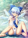  1girl angry bangs bare_legs barefoot between_legs blue_bow blue_dress blue_eyes blue_hair blush bow breasts chima_q cirno commentary crying day dress feet flat_chest hair_between_eyes hair_bow highres ice ice_wings looking_away navel nipples no_bra no_pants outdoors panties pinafore_dress puffy_short_sleeves puffy_sleeves shirt short_hair short_sleeves sitting small_breasts soles solo tears toes torn_clothes torn_dress torn_shirt touhou underwear water white_panties white_shirt wings 