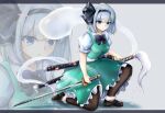  1girl black_bow black_footwear black_hairband black_neckwear black_ribbon blue_eyes bob_cut bow bowtie breasts collared_shirt ghost green_skirt green_vest grey_background hair_ribbon hairband highres hitodama hitodama_print katana konpaku_youmu konpaku_youmu_(ghost) medium_breasts pantyhose poke200 ribbon scabbard sheath sheathed shirt shoes short_hair short_sleeves silver_hair simple_background skirt skirt_set small_breasts socks sword touhou vest wakizashi weapon white_legwear white_shirt zoom_layer 